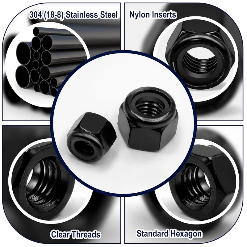 ZQZ 110 Pack Black SAE Nylon Insert Locknuts Assortment Kit, 6#32 8#32 10#24 10#32 1/4"-20 5/16"-18 3/8"-16 1/2"-13 Nylock Nuts Set, 304 Stainless Steel Standard Inch Threaded Black Lock Nuts - Image 3